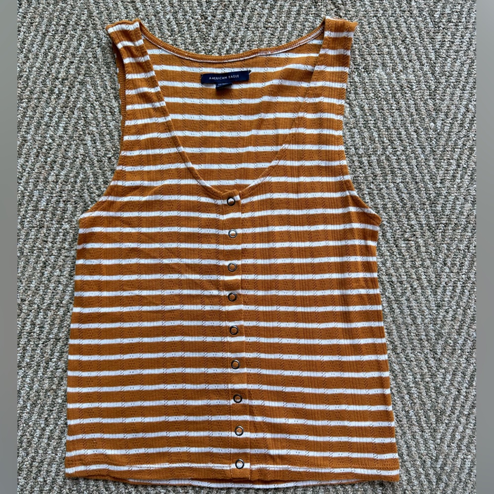 American Eagle Mustard Yellow and White Horizontal Striped Buttoned Tank Top- XS